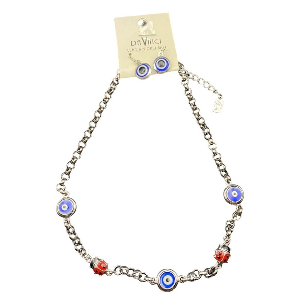 NWT Da Vinci You & I Earring Set Blue Evil Eye Red Ladybug Necklace Silver Tone - Picture 2 of 6